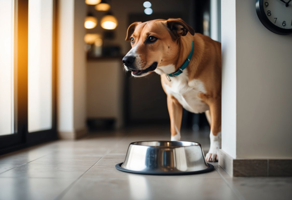 A dog eagerly waits by its empty food bowl at 8pm, looking expectantly at a nearby clock