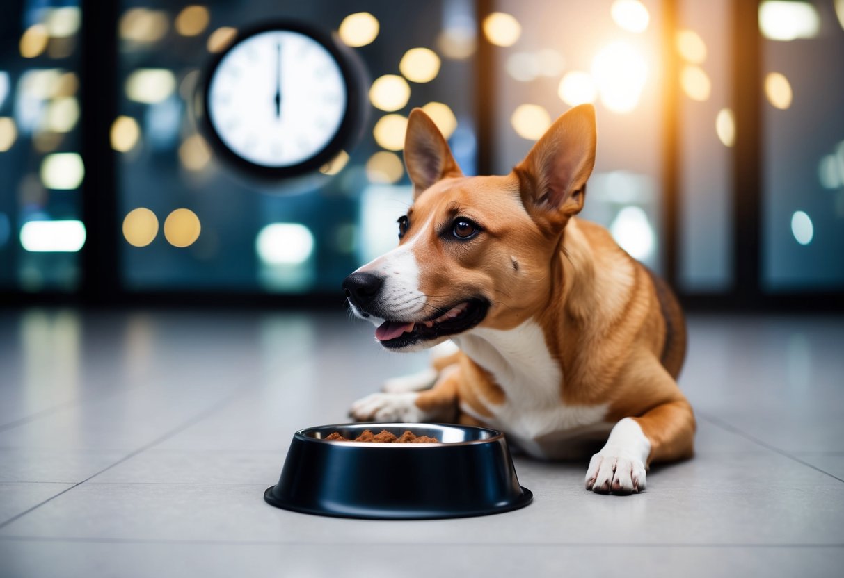 A dog eagerly waits by its empty food bowl, looking up at a clock showing 8pm