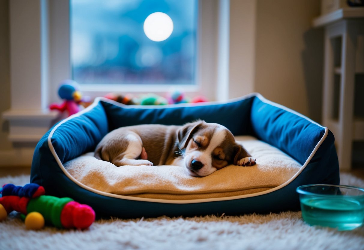 A small puppy sleeping peacefully in a cozy bed, with a soft moonlight coming through the window, surrounded by toys and a water bowl nearby