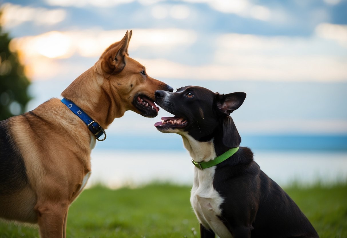 A neutered male dog attempting to mount a female dog, but unable to achieve full penetration due to lack of erection