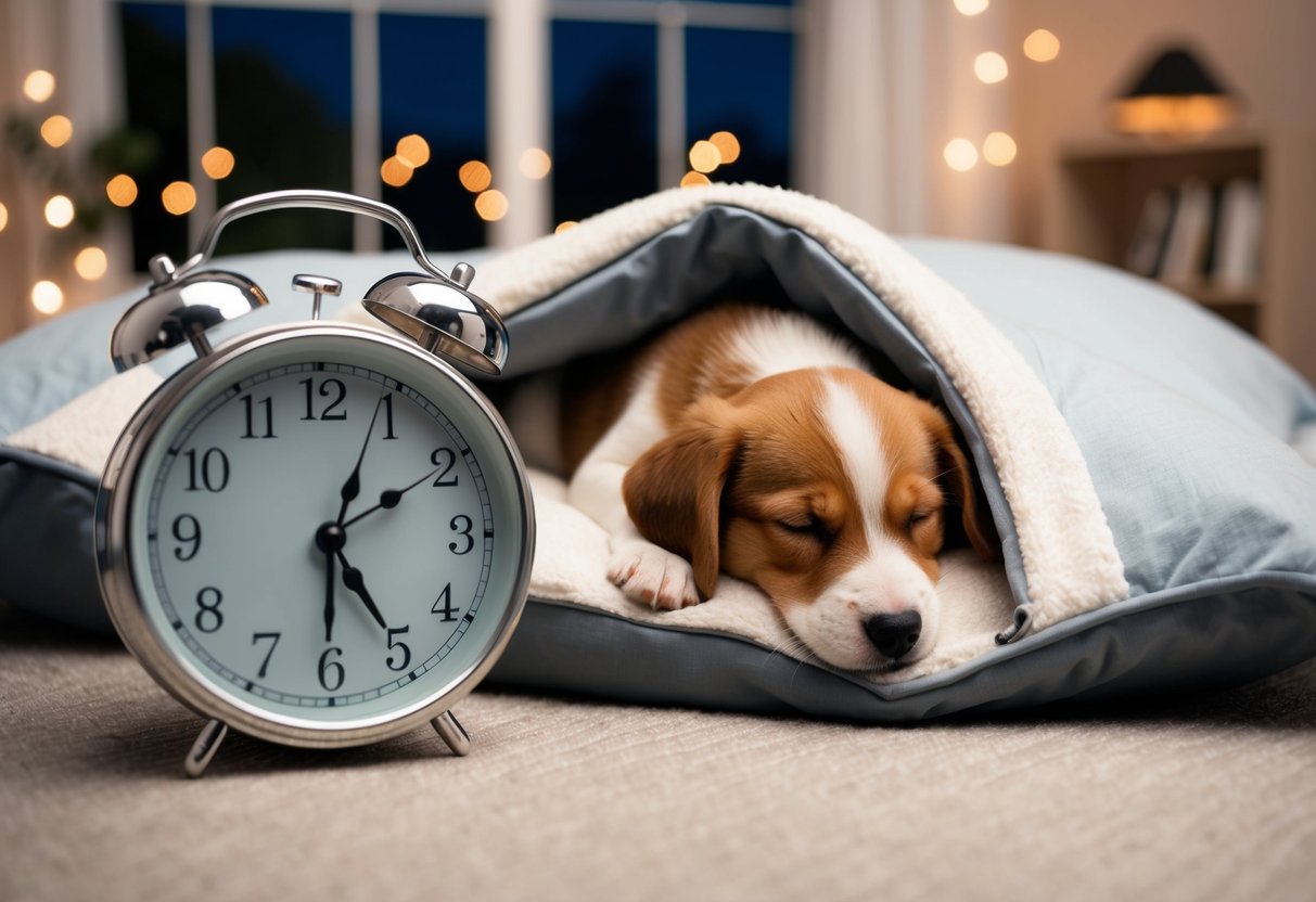 A puppy sleeping in a cozy bed, a clock showing late night, and a puppy waking up to go outside to pee