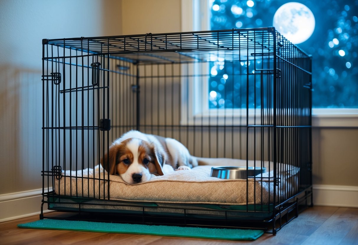 A cozy puppy crate with a bed, water bowl, and a potty pad. Moonlight shines through a window onto the sleeping area