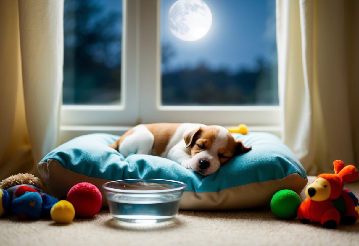 A small puppy sleeping peacefully in a cozy bed, surrounded by toys and a water bowl, with a gentle moonlight streaming through the window