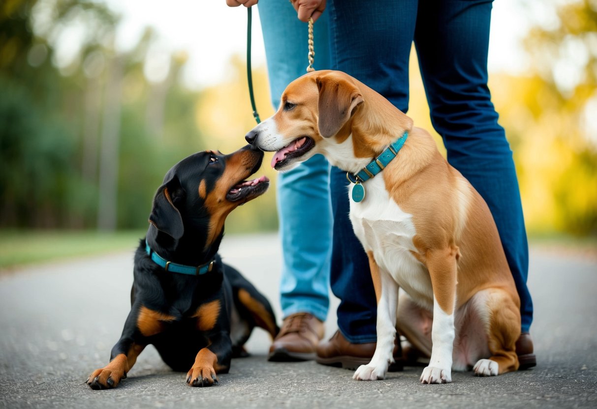 A neutered male dog nuzzling its owner's leg with a wagging