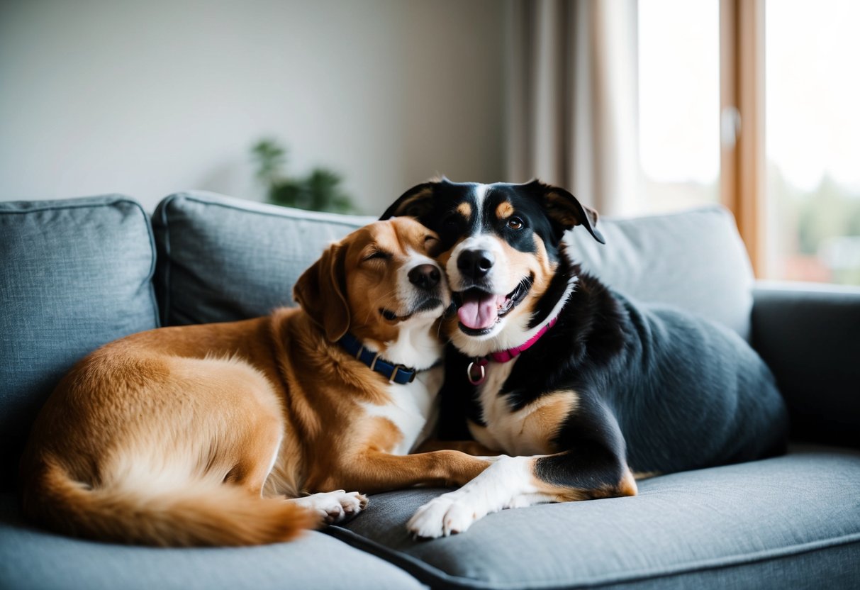 A happy male dog nuzzling and cuddling with its owner on the couch after being neutered, showing increased affection and calm behavior