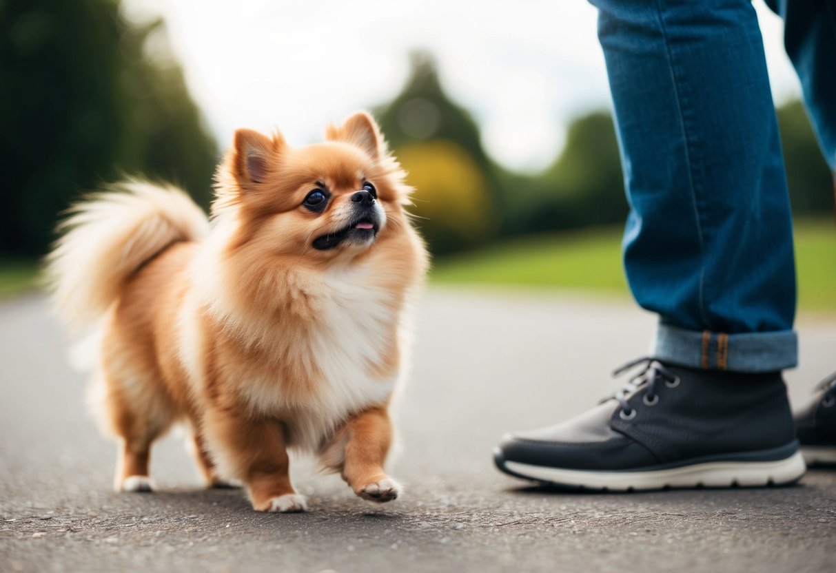 A small, fluffy Pomeranian dog follows its owner closely, looking up with big, pleading eyes