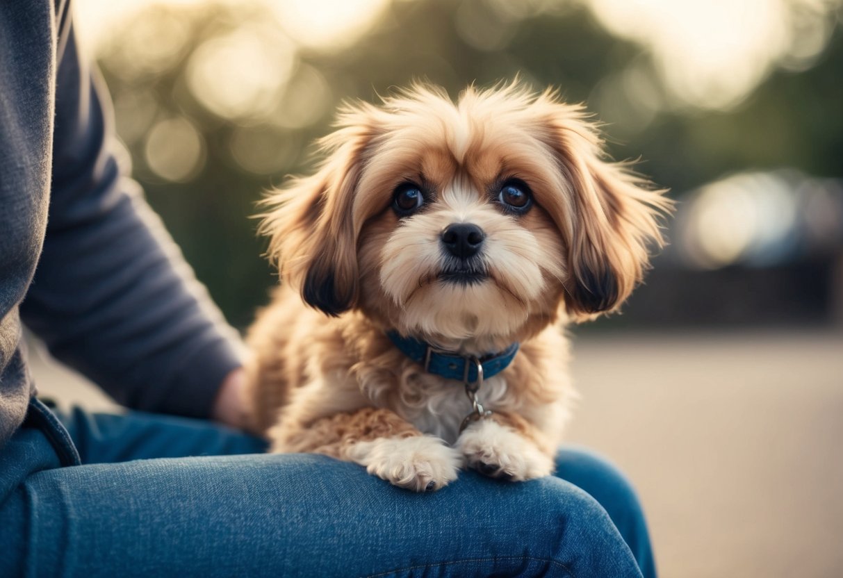 A small, fluffy dog presses against its owner's leg, looking up with adoring eyes
