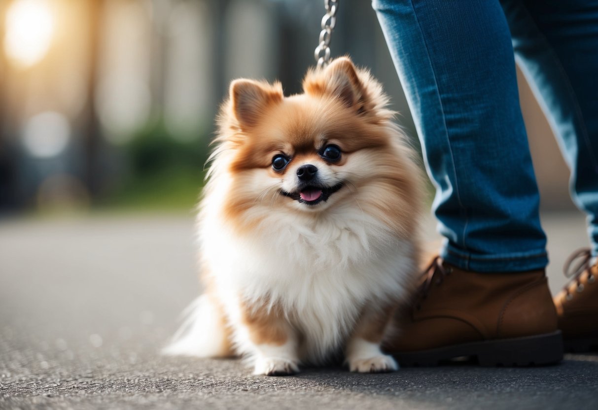 A small, fluffy Pomeranian nuzzling its owner's leg, looking up with big, pleading eyes