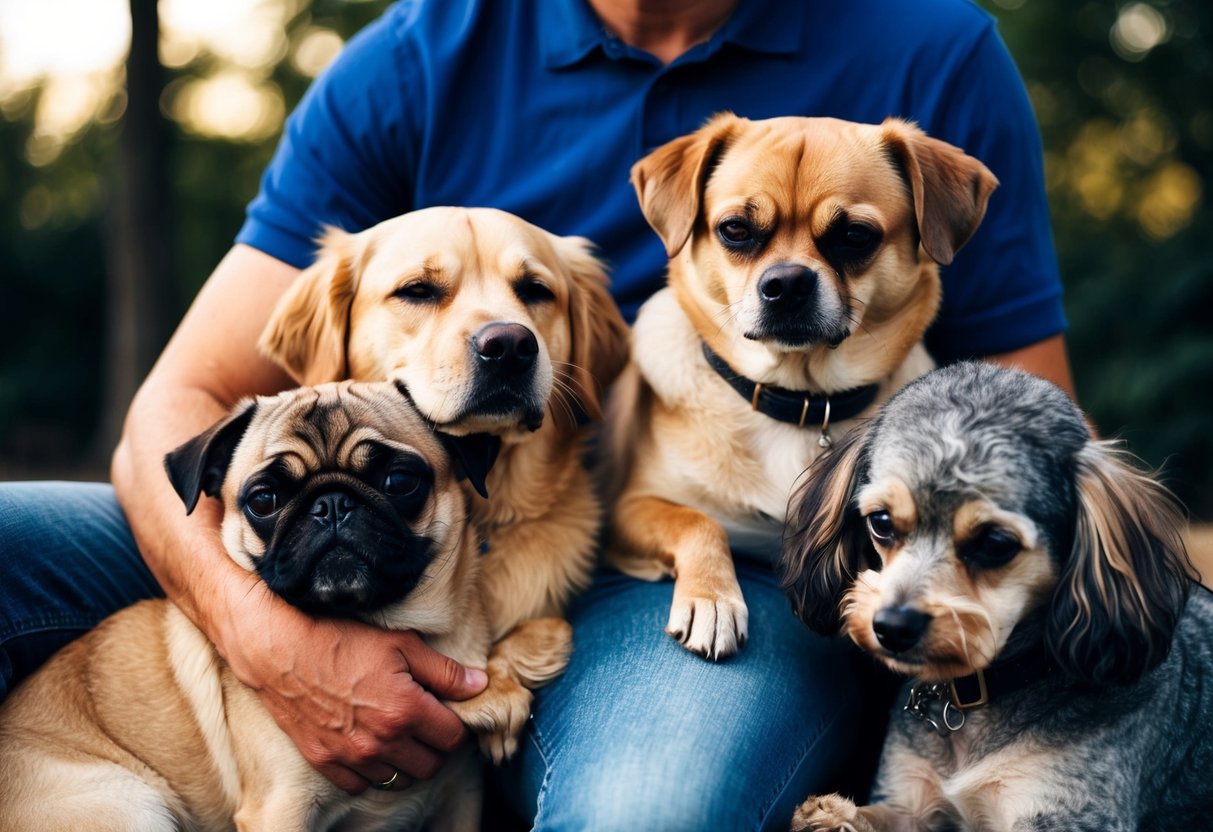 A golden retriever is tightly hugging its owner's leg, while a pug is snuggled up in their owner's lap. A chihuahua is sitting on its owner's shoulder, and a poodle is leaning against its owner