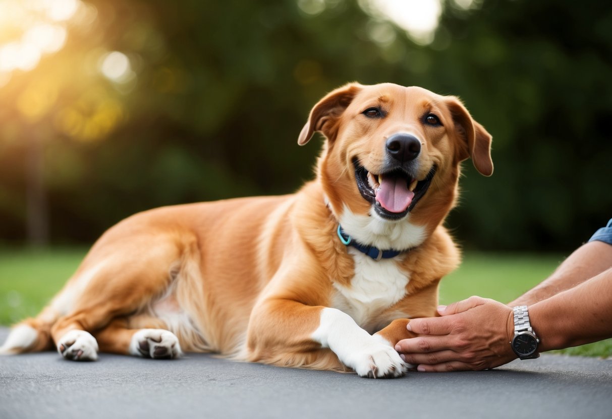 A happy, contented male dog lying on its back, wagging its tail and nuzzling its owner's hand