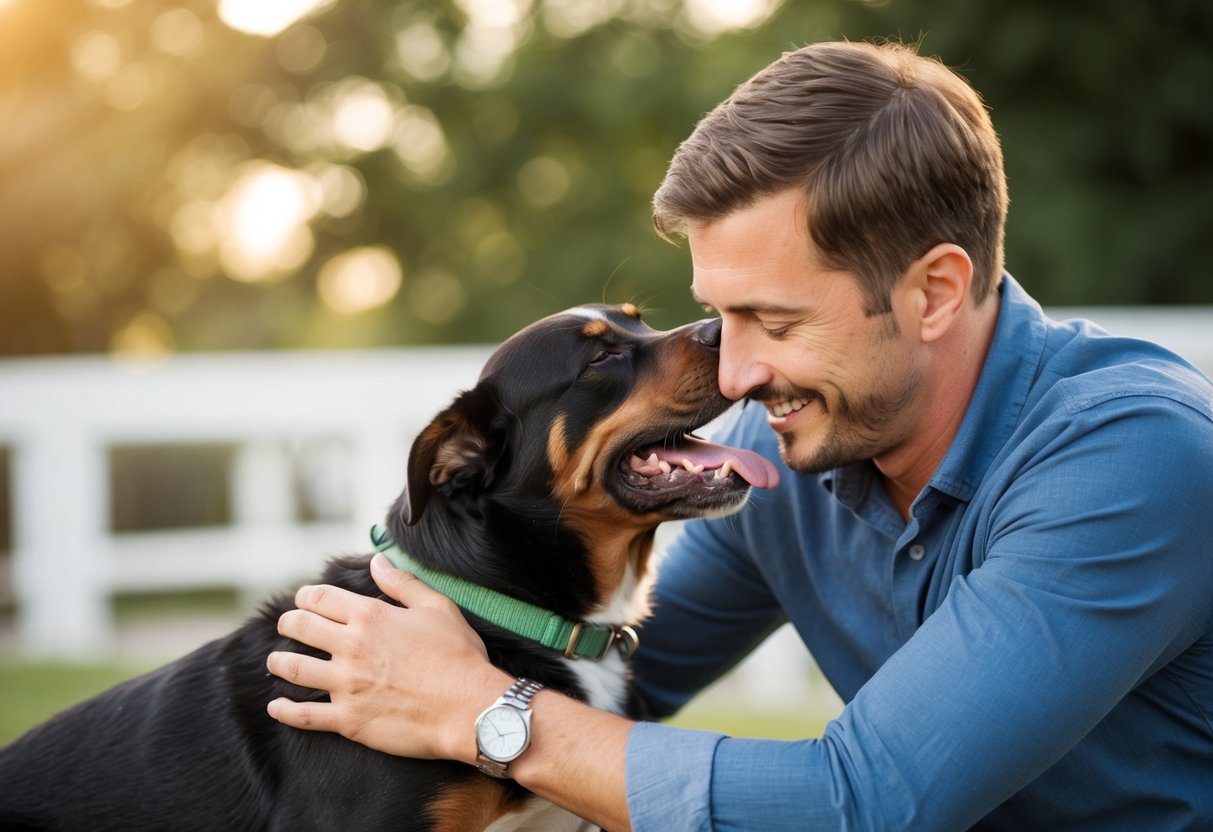 A contented male dog leans into the embrace of his owner, wagging his tail and nuzzling affectionately after being neutered