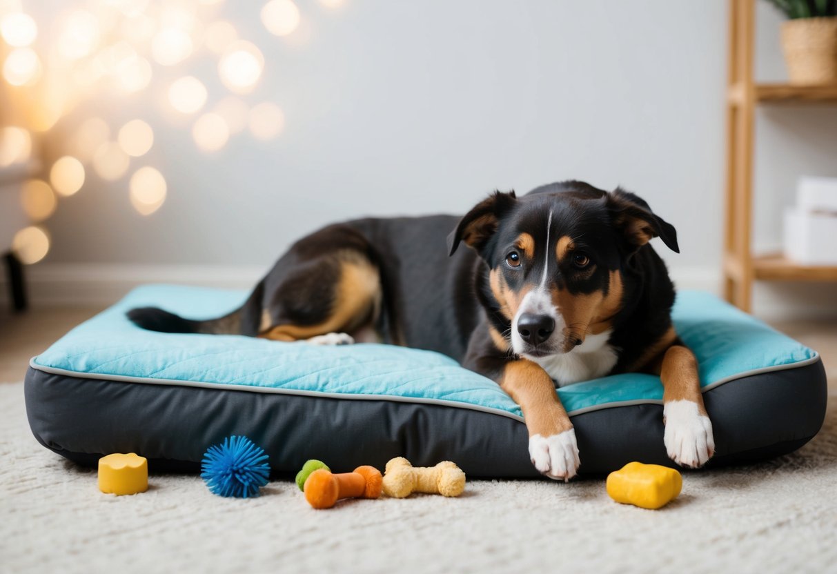A male dog lying down on a comfortable bed, surrounded by toys and treats, with a calm and content expression on its face