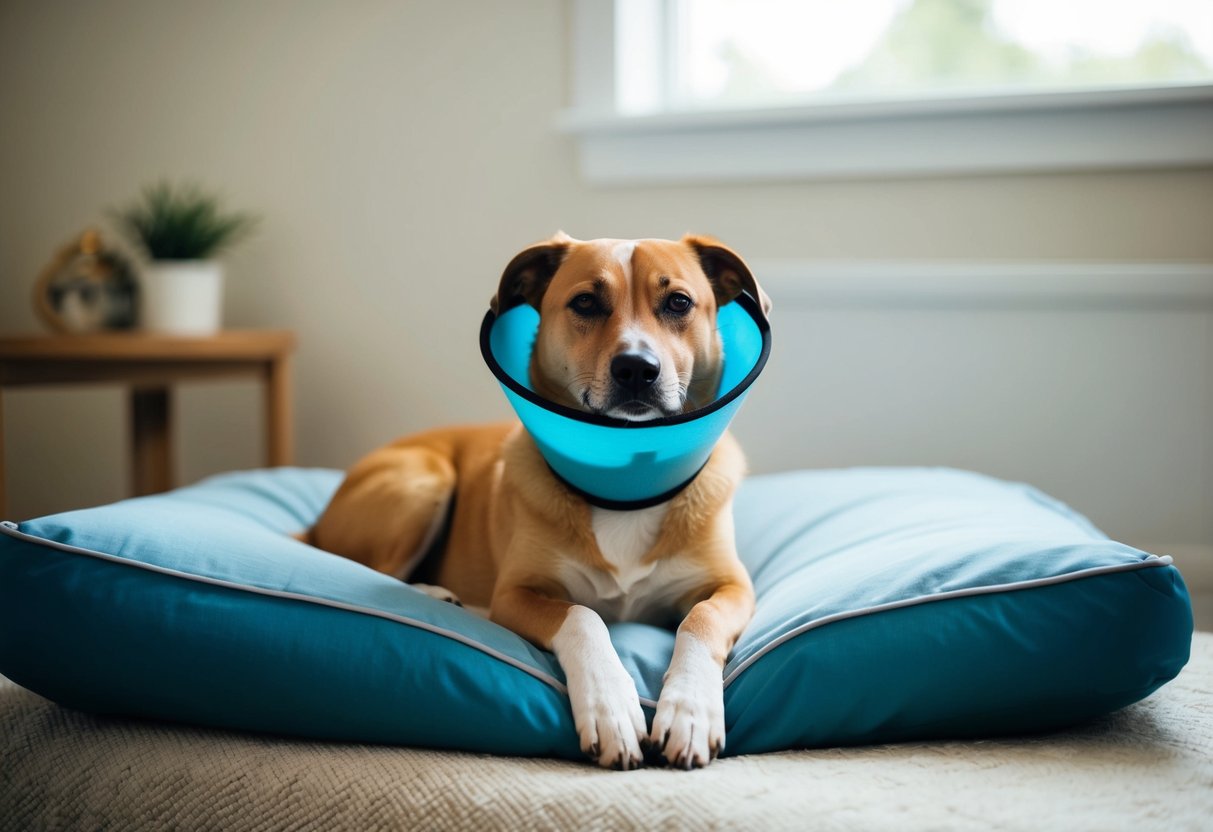 A content male dog resting comfortably in a cozy bed, wearing a protective cone around his neck after being neutered