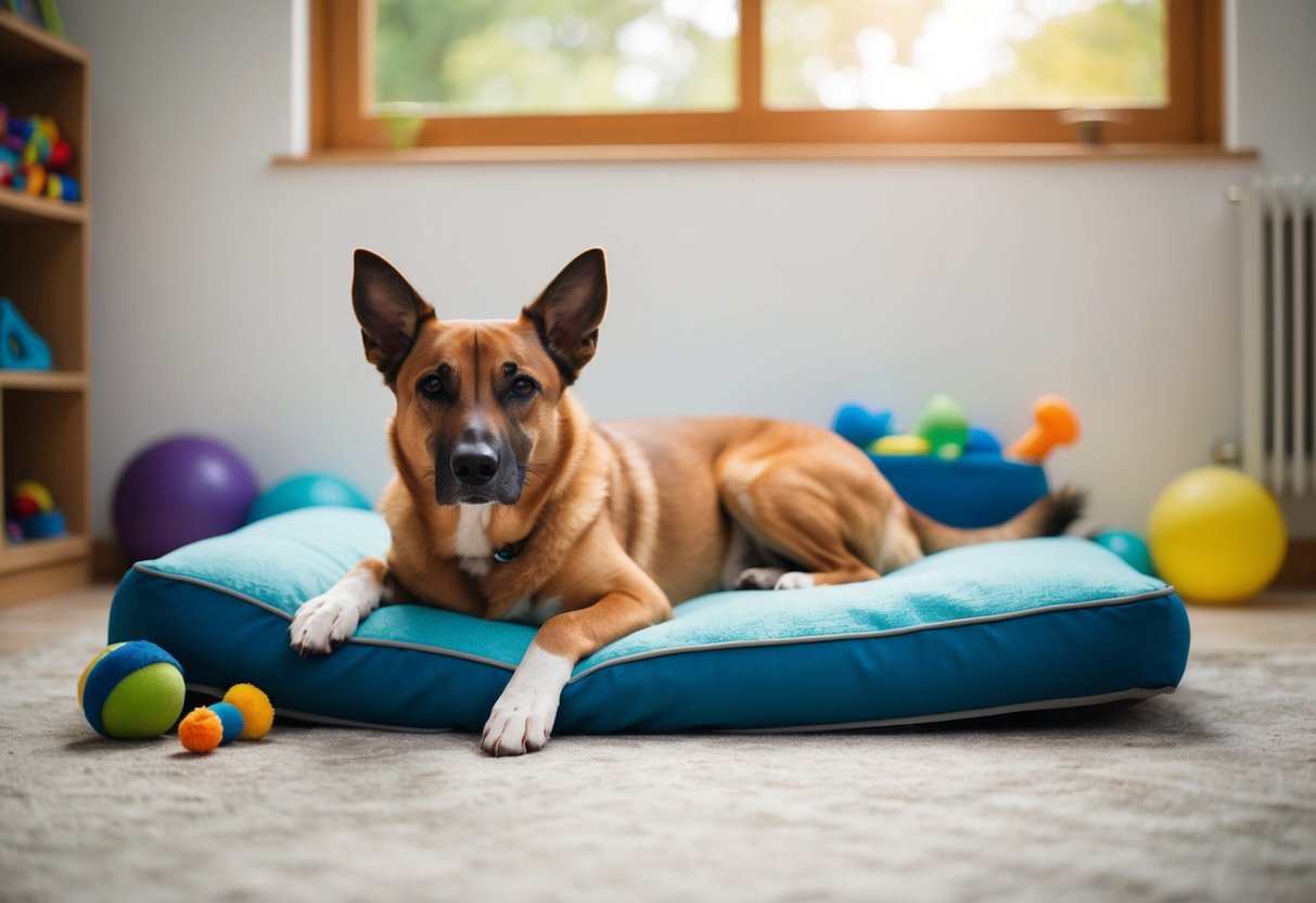 A male dog lying down calmly with a relaxed posture, surrounded by toys and a comfortable bed, indicating a settled and content demeanor after being neutered