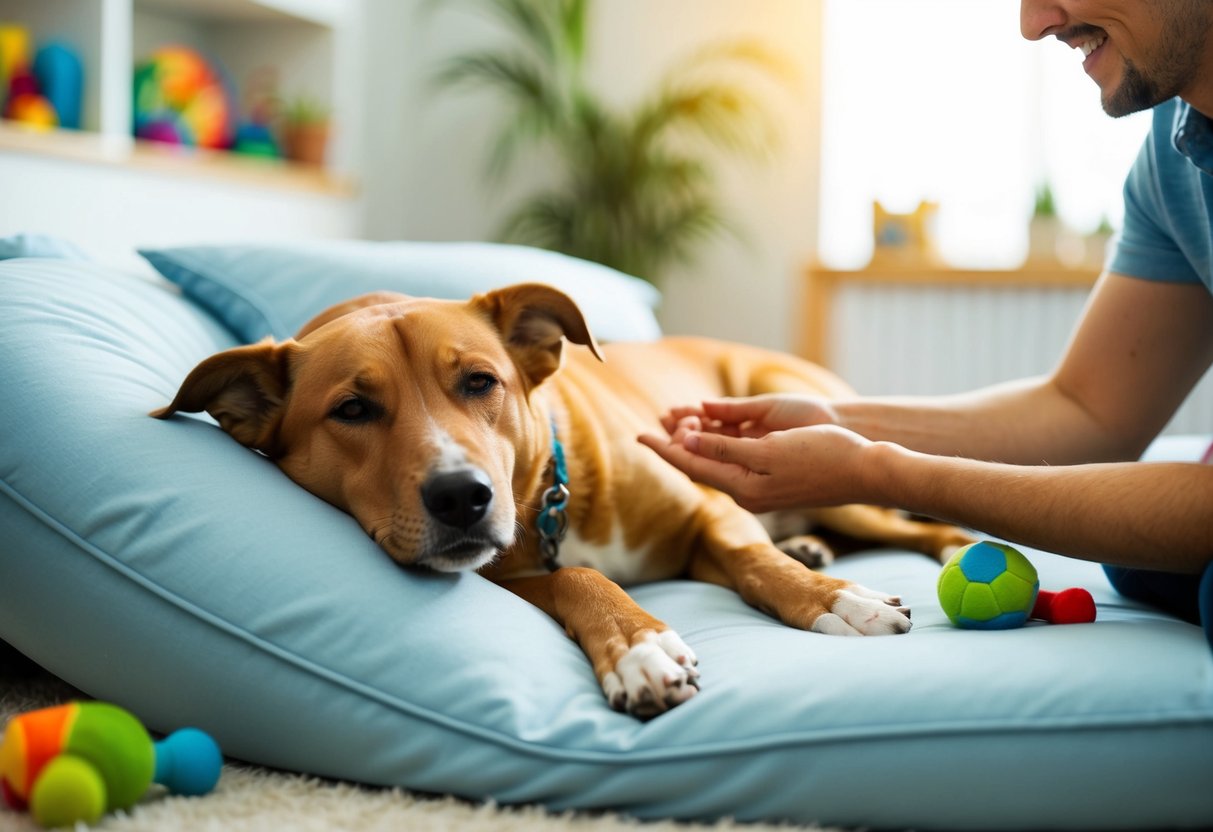 A content male dog resting comfortably on a soft bed, surrounded by toys and receiving gentle pets from its owner