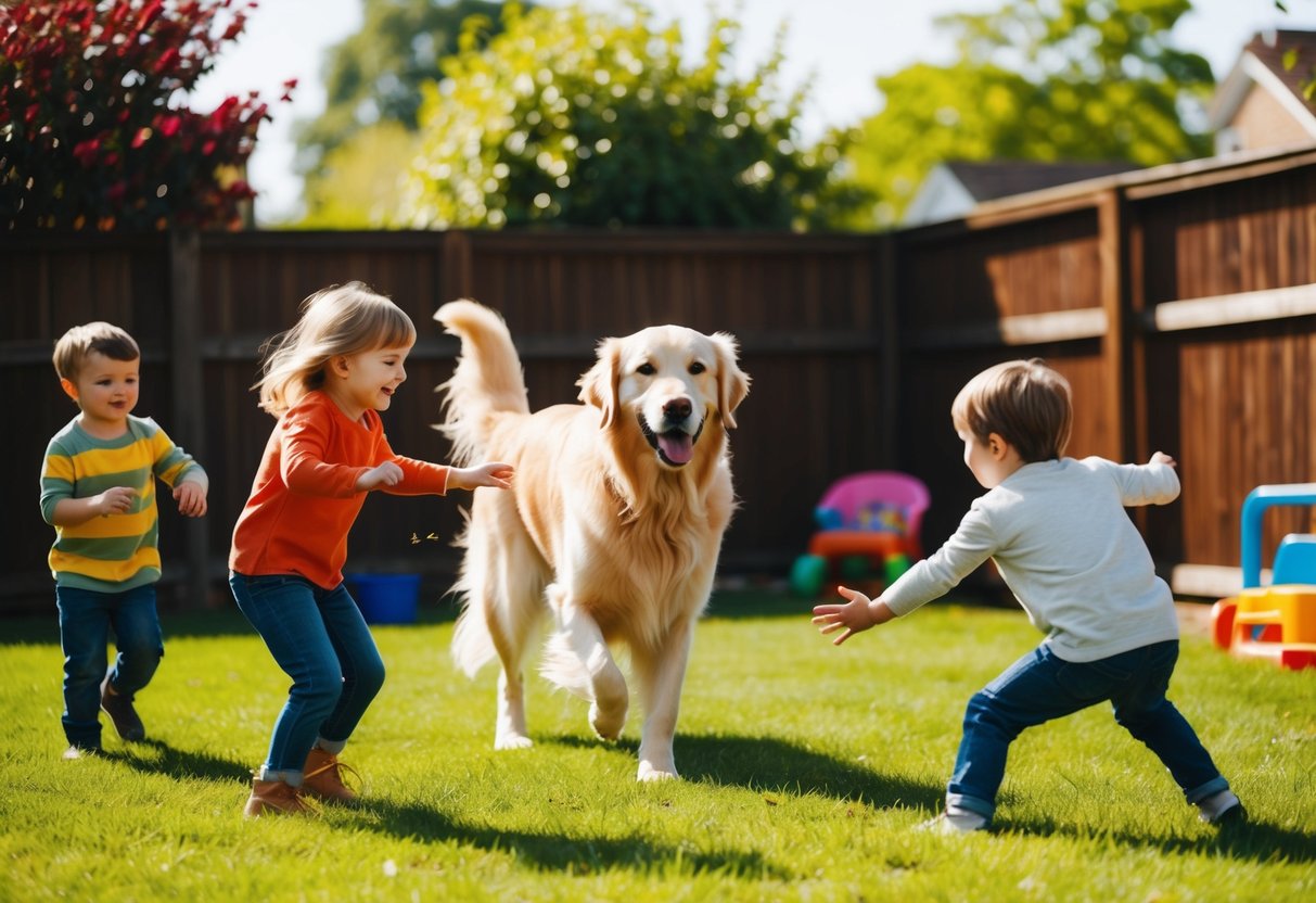A golden retriever playing with children in a sunlit backyard