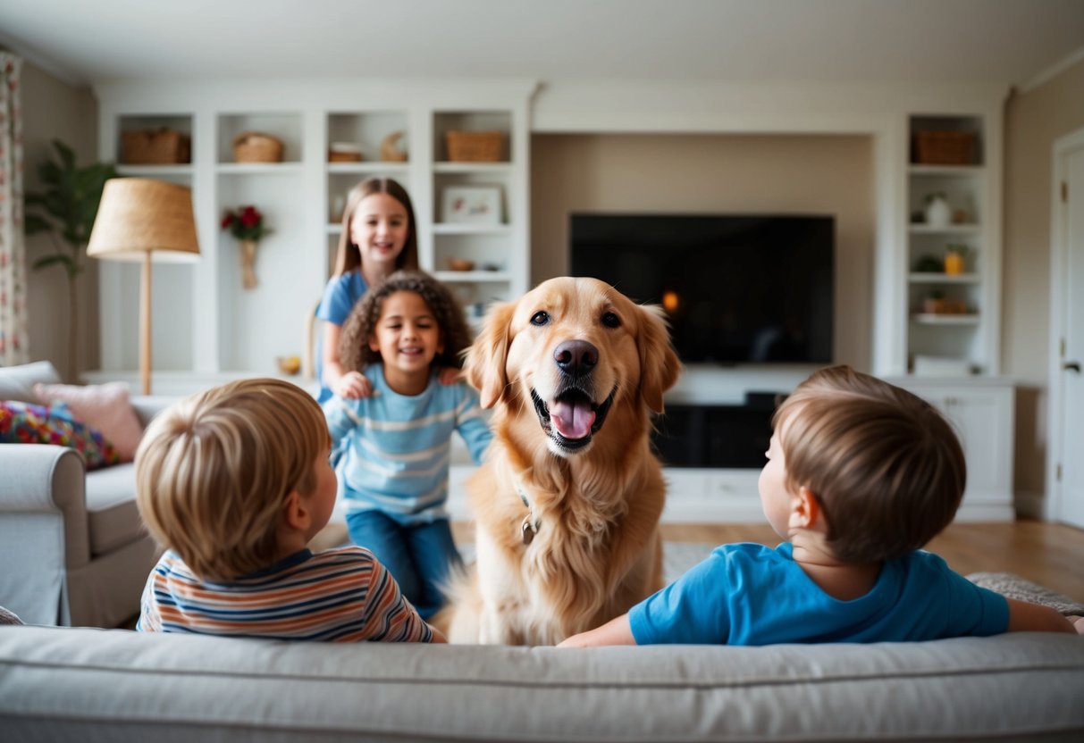 A joyful Golden Retriever playing with children in a cozy living room
