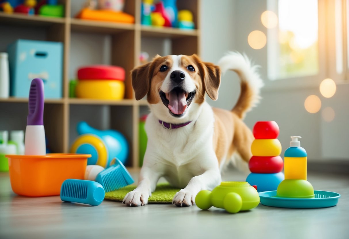 A happy, playful dog with a wagging tail, surrounded by children's toys and grooming supplies