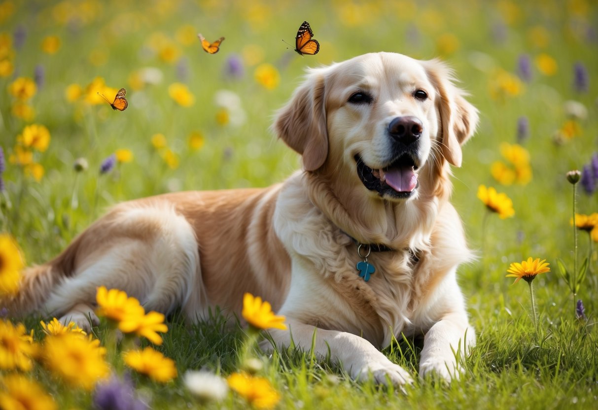 A peaceful golden retriever lying in a sunny meadow, surrounded by flowers and butterflies