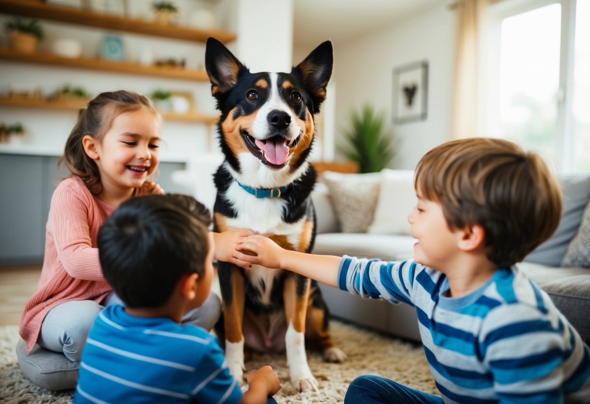 A joyful mixed breed dog playing with children in a cozy living room, showcasing their affectionate and gentle nature