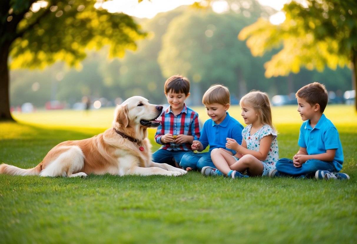 A golden retriever peacefully playing with a group of children in a park