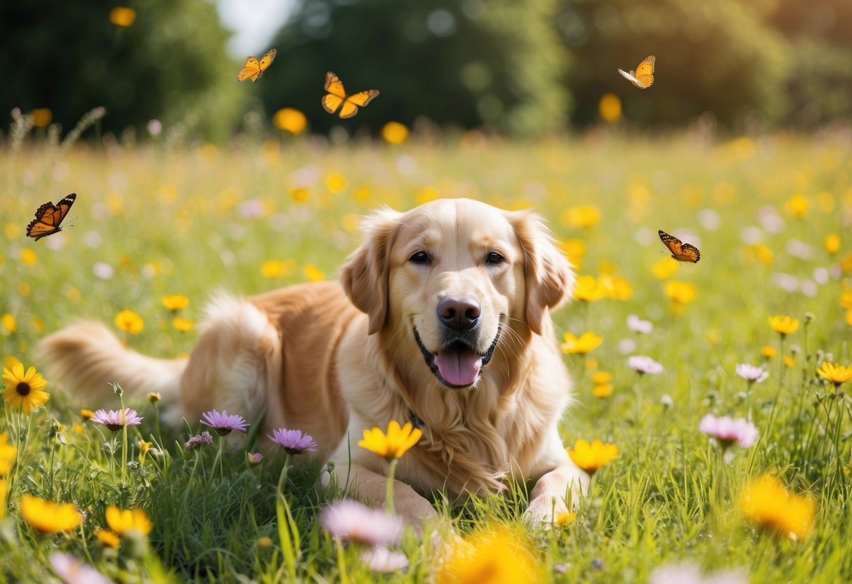 A golden retriever lies in a sunny meadow, surrounded by flowers and butterflies, wearing a peaceful expression