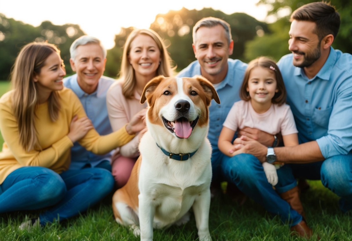 A peaceful, friendly dog breed surrounded by a happy family