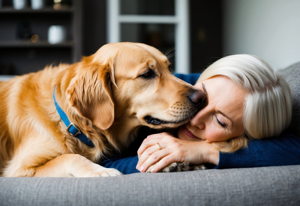 A golden retriever snuggles up to its owner on the couch, nuzzling their face with affection