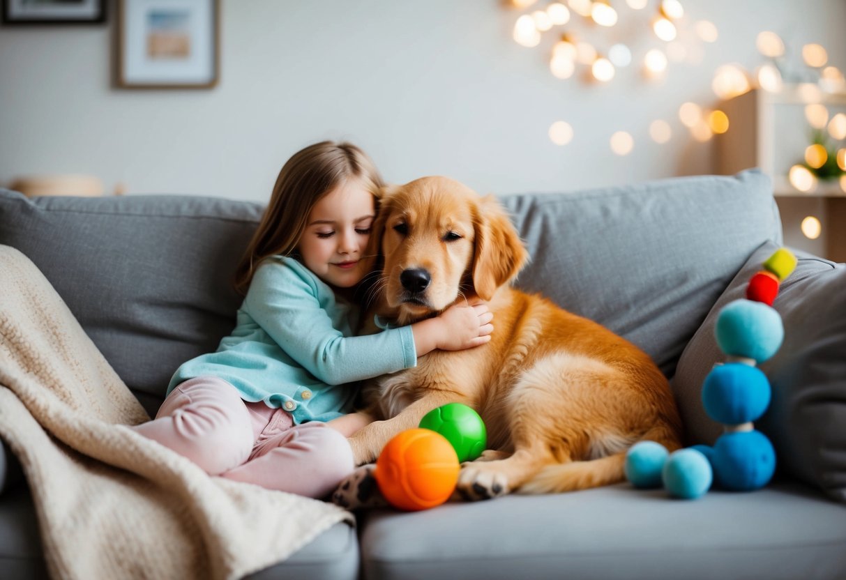 A golden retriever puppy snuggles with a child on a cozy couch, surrounded by toys and a soft blanket