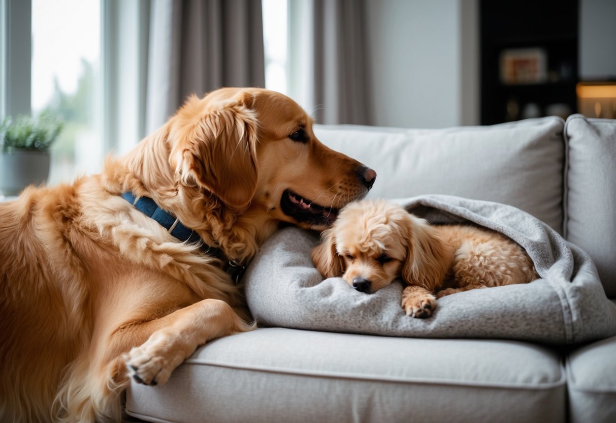 A fluffy golden retriever nuzzles against its owner's leg, while a small poodle curls up in a cozy blanket on the couch