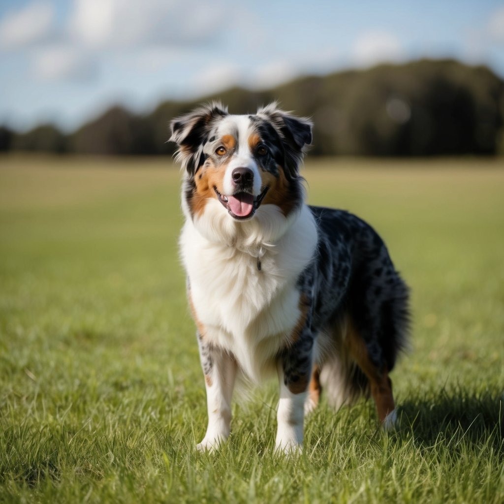 An Australian Shepherd dog standing alert in a grassy field, with a thick double coat and distinctive merle coloring