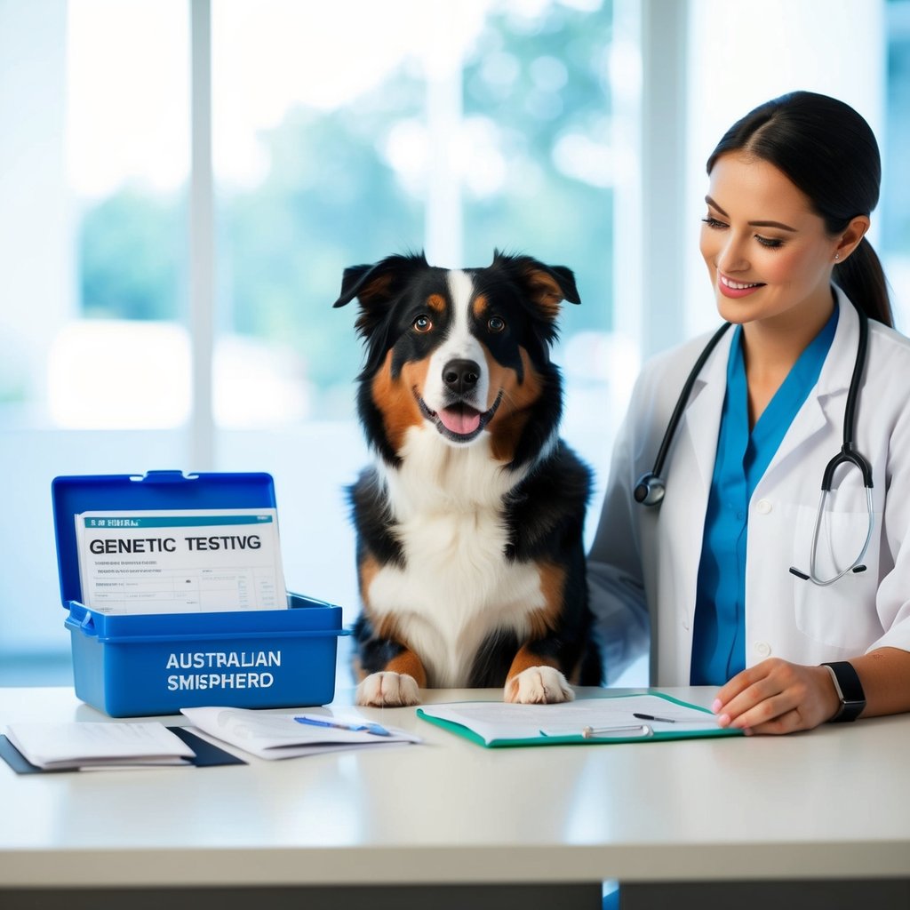 An Australian Shepherd dog stands beside a veterinarian, with a genetic testing kit and medical records on a table