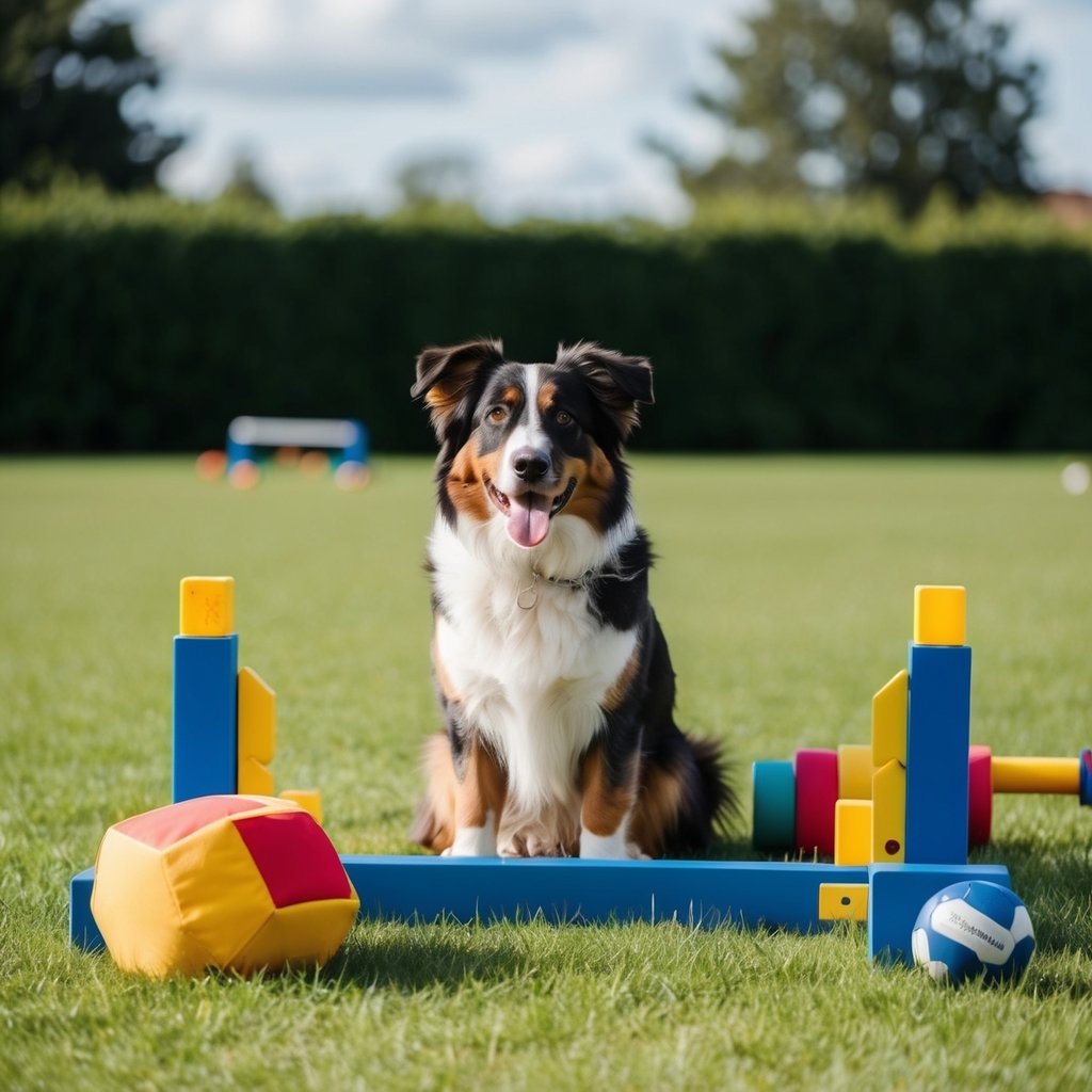 An Australian Shepherd dog eagerly awaits training, surrounded by agility equipment and toys in a spacious, grassy yard