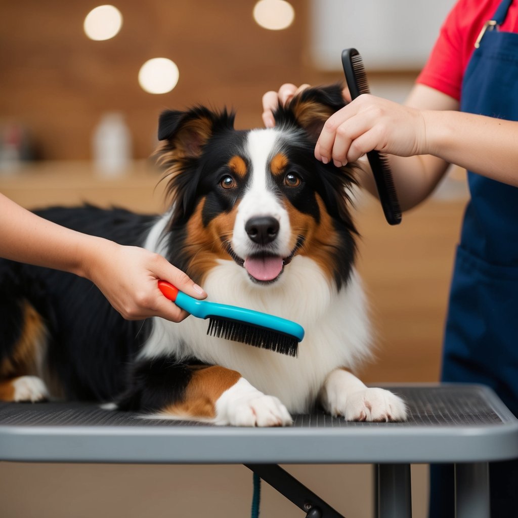 An Australian Shepherd dog being brushed and groomed on a table