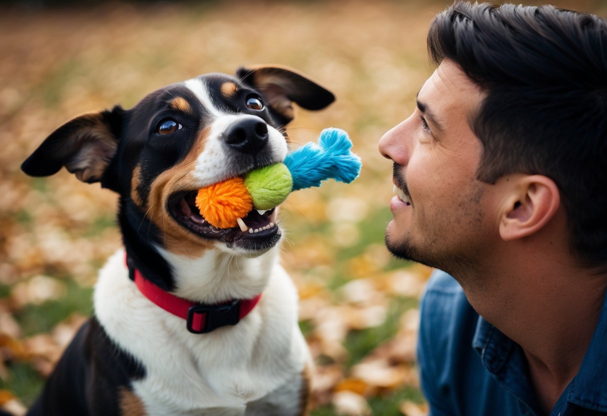 A dog holds a toy in its mouth, looking up at its owner with a playful and mischievous expression, as if teasing them with the toy
