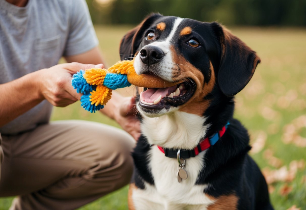 A dog holding a toy in its mouth while looking up at its owner with a playful and teasing expression, refusing to release the toy