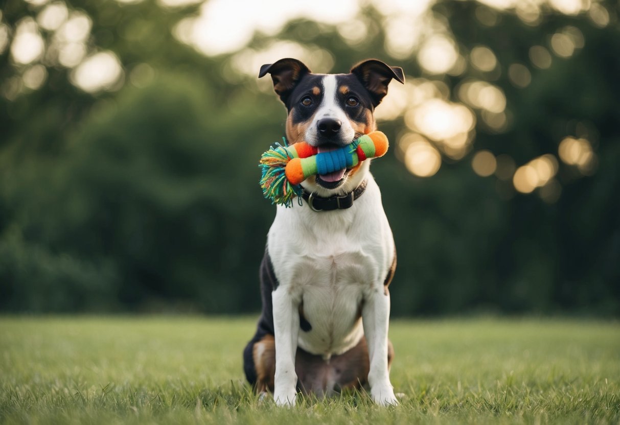 A dog sitting with a toy in its mouth, looking up with a protective and possessive stance