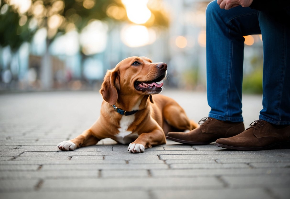 A dog lying at the feet of one person while gazing at them adoringly, tail wagging