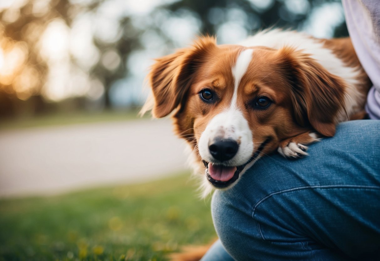A dog nuzzling against one person's leg while wagging its tail, with a content expression on its face