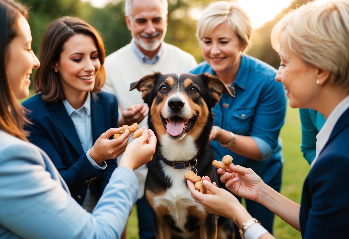 A dog surrounded by different people, some offering treats and affection while others ignore it