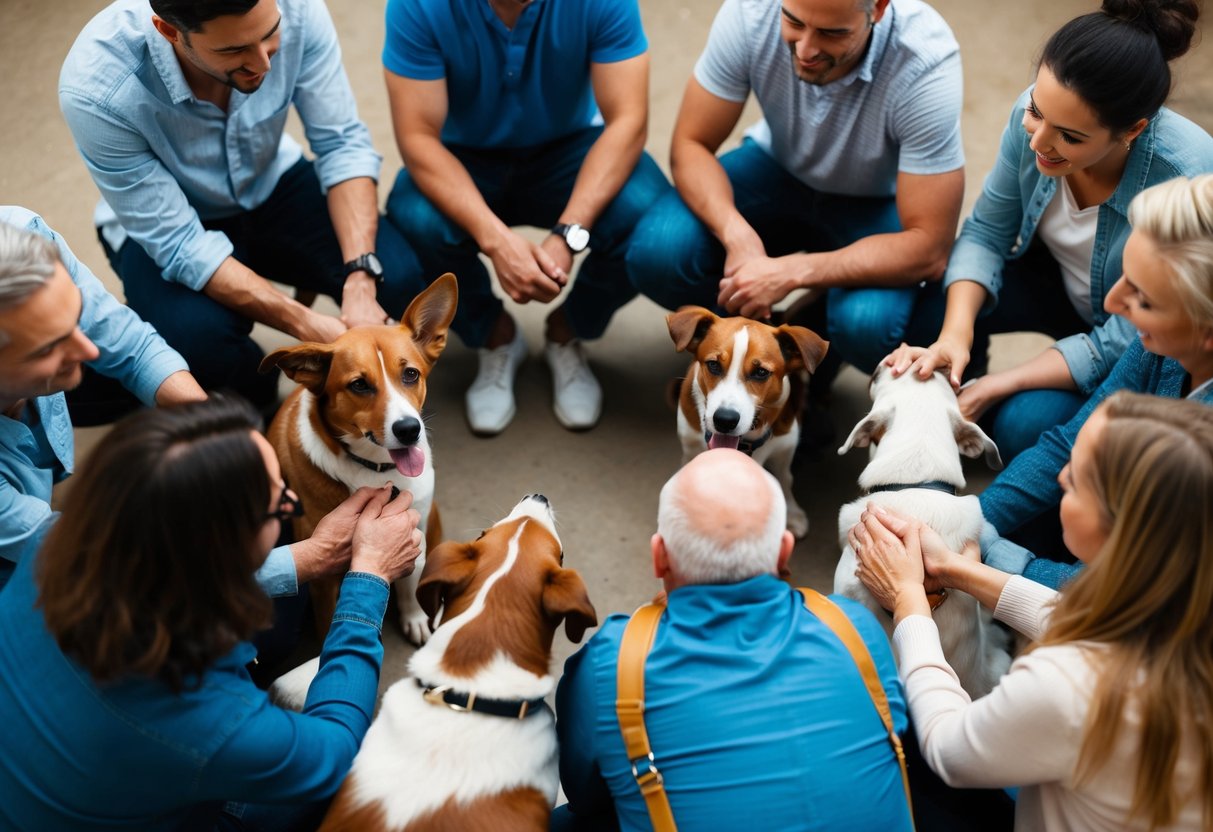 A group of people sitting in a circle, each with a dog by their side. The dogs are showing different signs of affection towards their owners