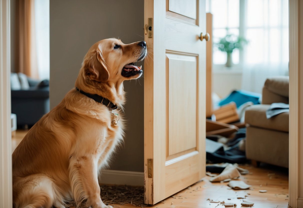 A golden retriever whining and scratching at the door as their owner leaves, with torn up furniture and scattered belongings in the background