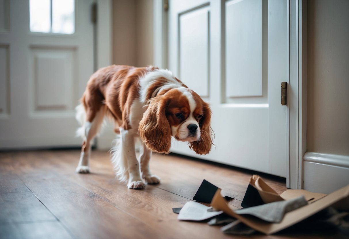 A distressed dog, such as a Cavalier King Charles Spaniel, whining and pacing by a closed door, with torn up items nearby
