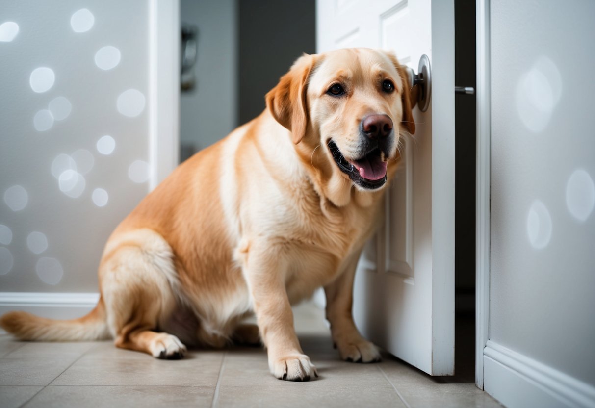 A lonely Labrador retriever whines at the door, scratching and pacing, as the owner's absence triggers intense separation anxiety