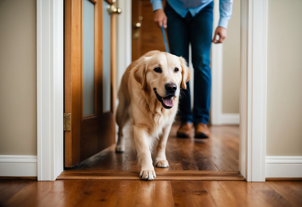 A golden retriever anxiously paces back and forth by the front door, whining and scratching at the wood, as their owner prepares to leave the house