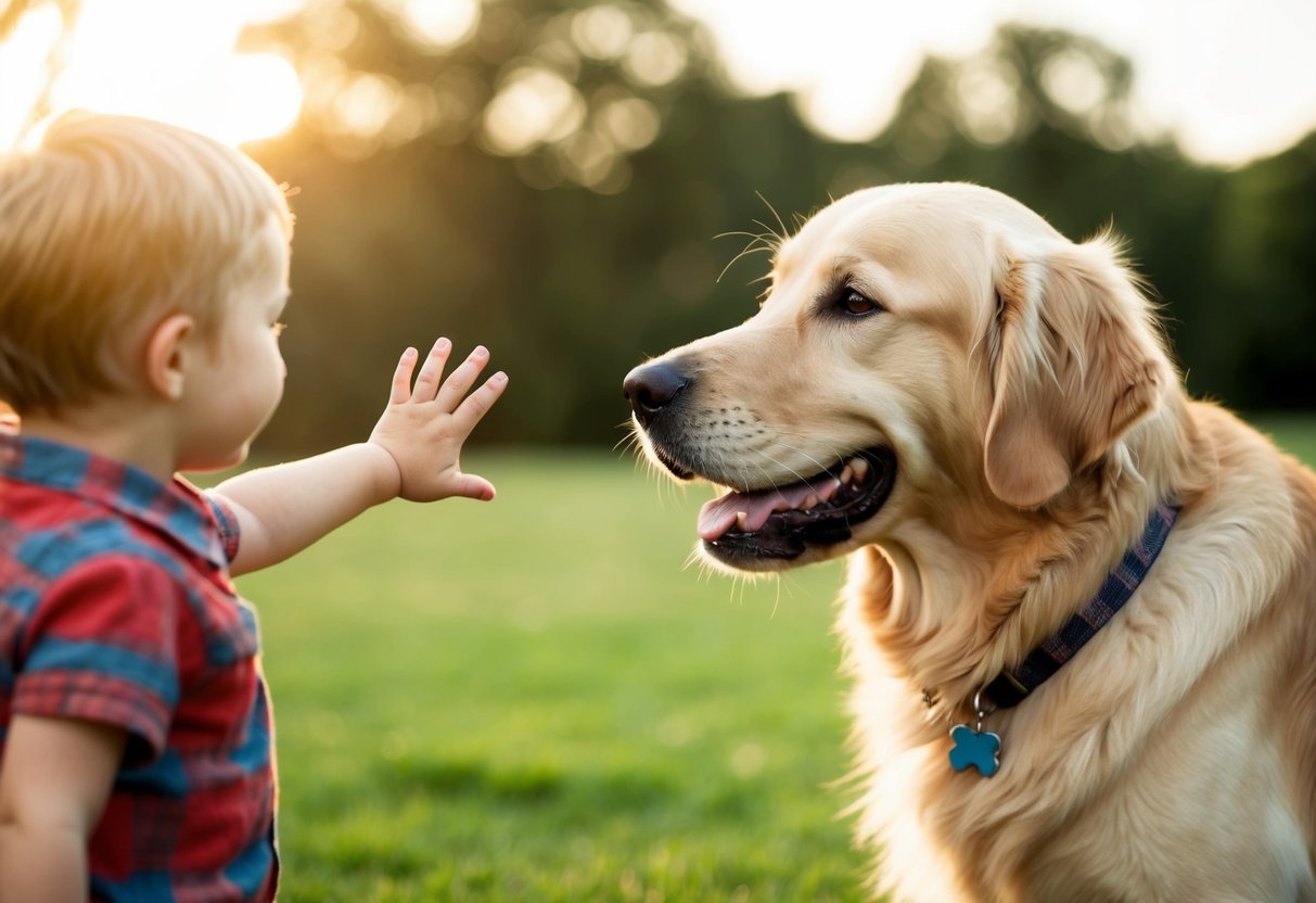 A golden retriever nuzzles a small child's hand, wagging its tail