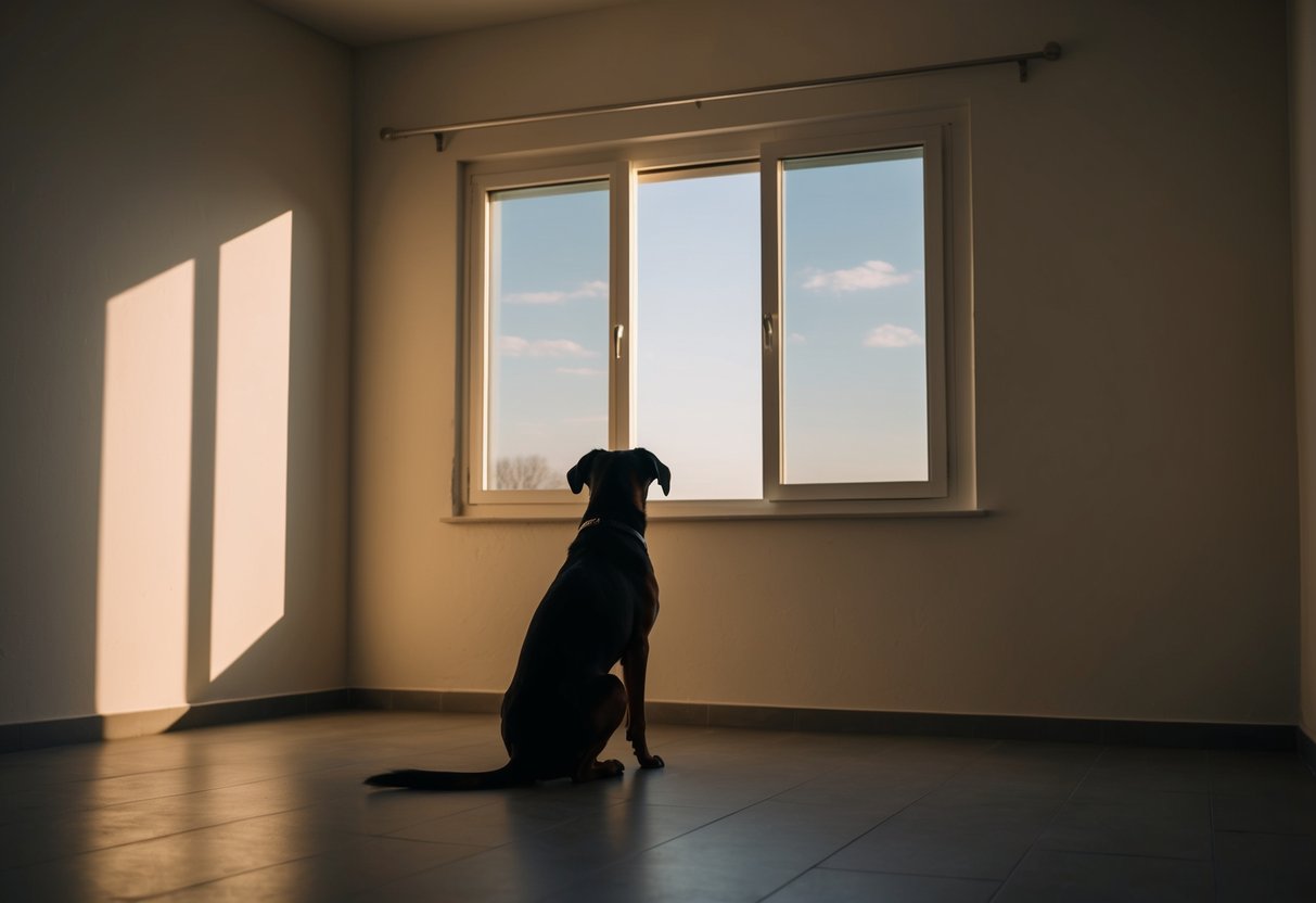A dog sits alone in a barren room, gazing out a window as the sun sets, casting long shadows across the floor