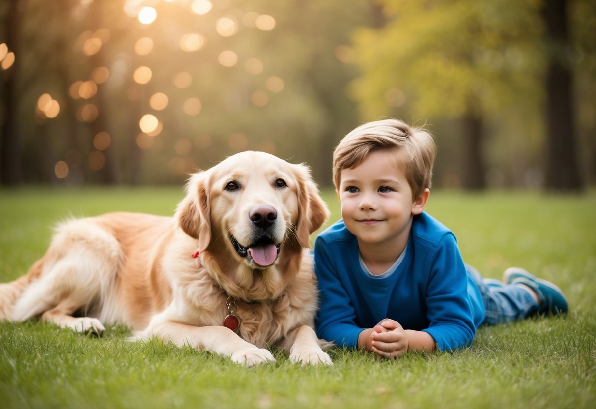 A golden retriever laying calmly with a child, both looking content and at ease
