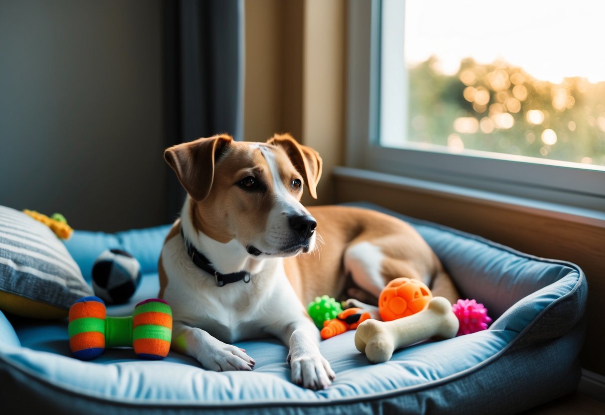 A dog lying on a comfortable bed, surrounded by toys and a chew bone, looking out a window with a peaceful expression