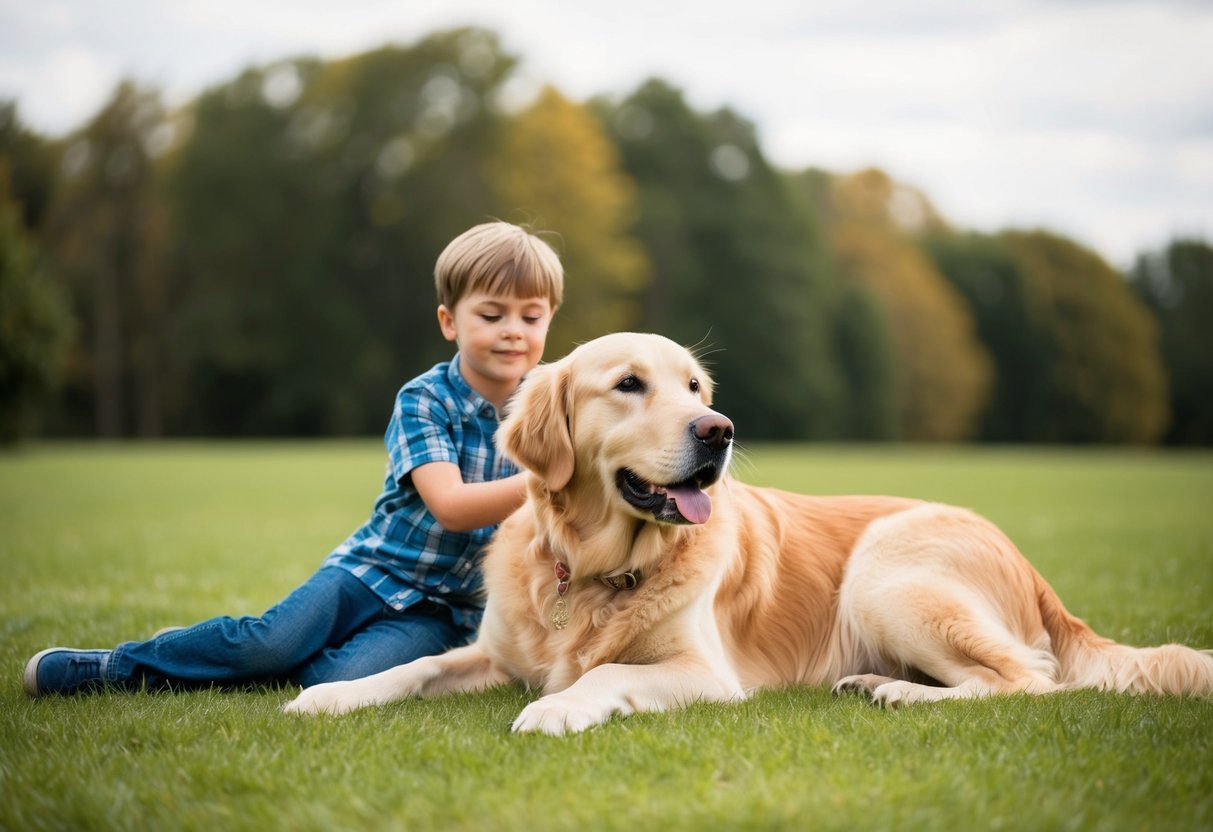 A golden retriever lying calmly next to a child, wagging its tail
